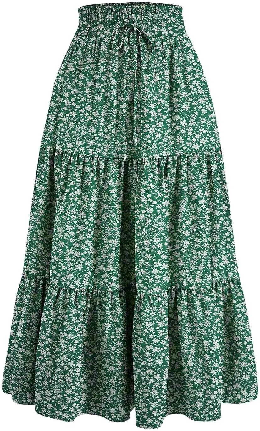 Floral Maxi Skirts for Women Ditsy Floral Tiered Flowy Long Skirt Boho Drawstring High Waisted Aline Ruffle Skirt