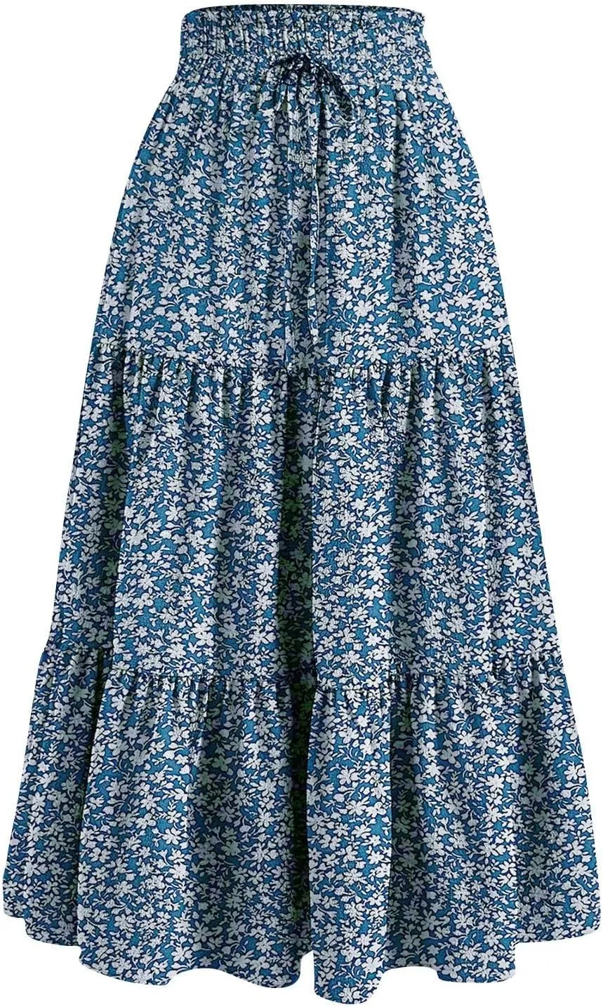 Floral Maxi Skirts for Women Ditsy Floral Tiered Flowy Long Skirt Boho Drawstring High Waisted Aline Ruffle Skirt