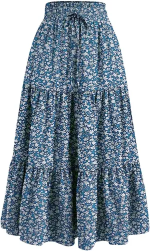 Floral Maxi Skirts for Women Ditsy Floral Tiered Flowy Long Skirt Boho Drawstring High Waisted Aline Ruffle Skirt