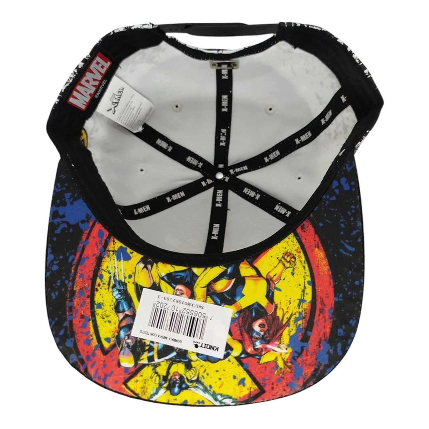 Kndit Caps Gorra Blanca Manchas Negras Placa Plateada Logo X-Men