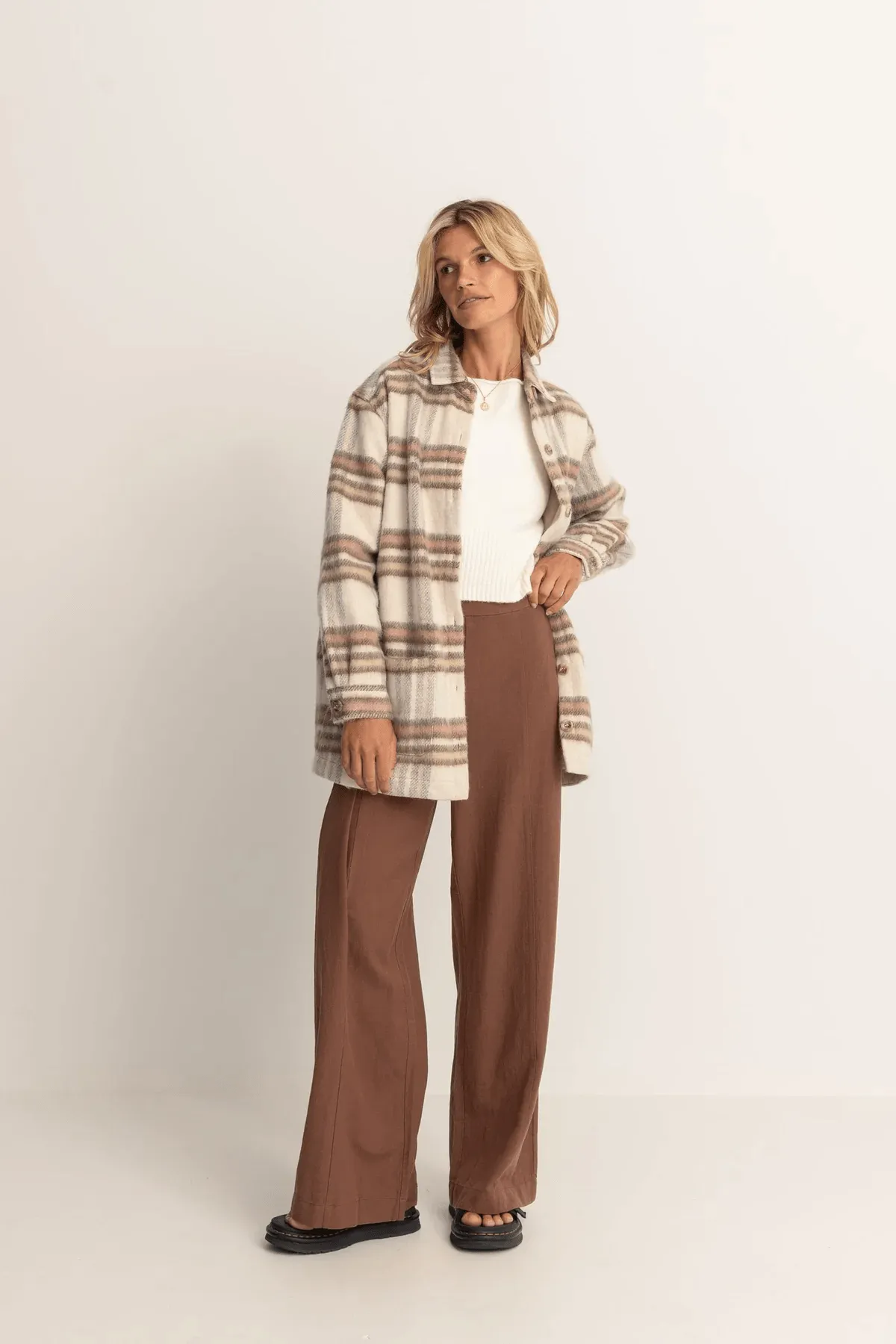 Long Check Shacket - Latte