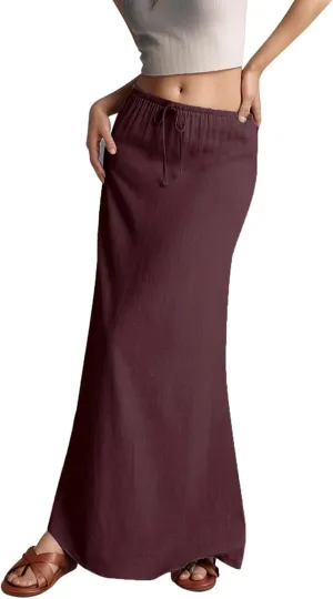 Long Skirts for Women Linen Drawstring Flared Flowy Maxi Skirts Spring Summer Trendy Dressy Casual A-Line Skirt