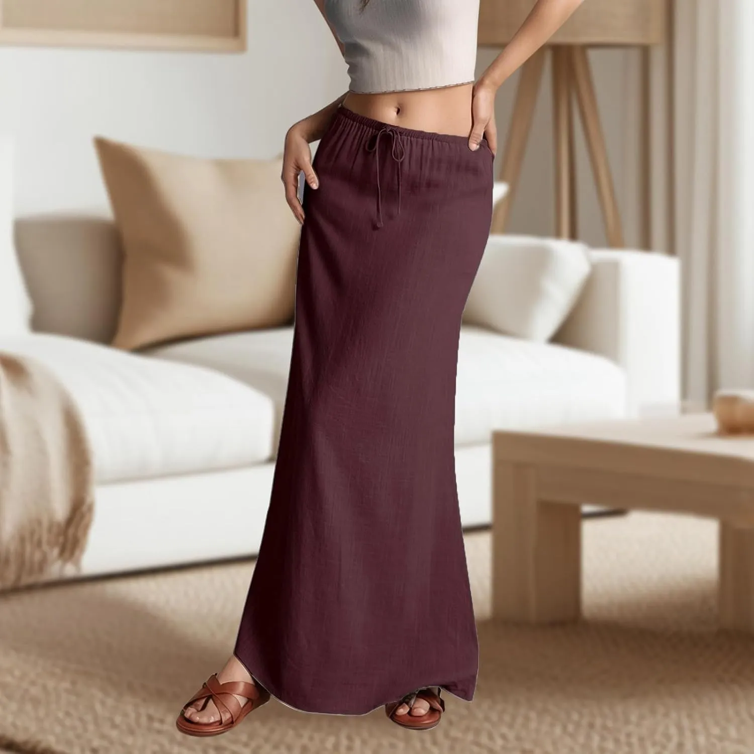 Long Skirts for Women Linen Drawstring Flared Flowy Maxi Skirts Spring Summer Trendy Dressy Casual A-Line Skirt