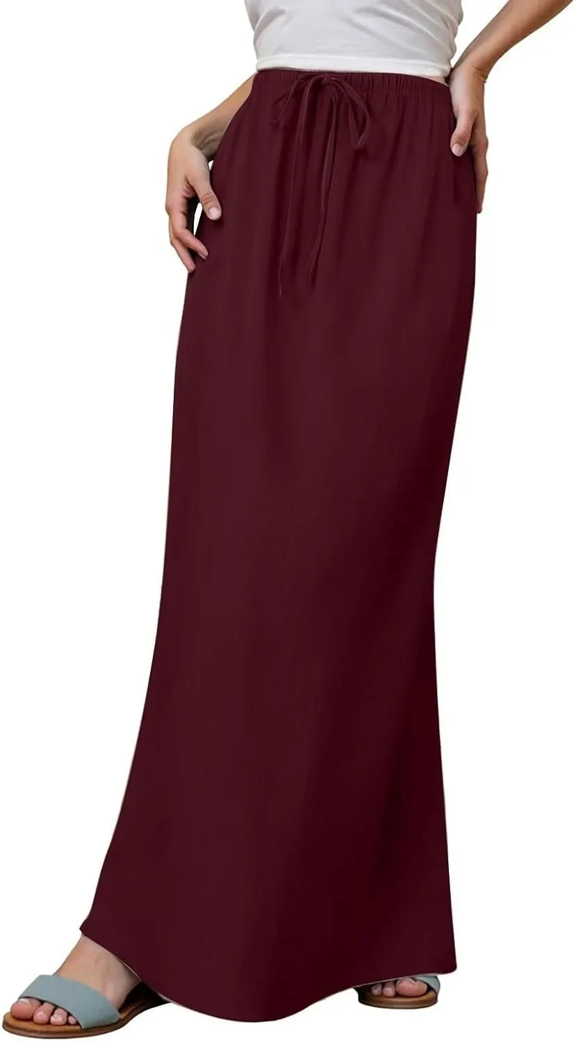 Long Skirts for Women Linen Drawstring Flared Flowy Maxi Skirts Spring Summer Trendy Dressy Casual A-Line Skirt