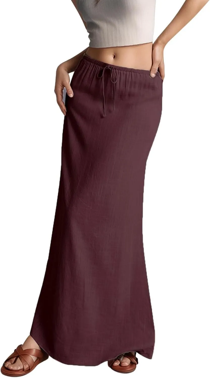 Long Skirts for Women Linen Drawstring Flared Flowy Maxi Skirts Spring Summer Trendy Dressy Casual A-Line Skirt