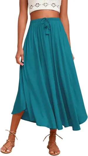 Maxi Skirts for Women Trendy Tie Knot Elastic High Waisted Boho Long Skirts Casual Flowy Swing Beach Skirt with Pockets