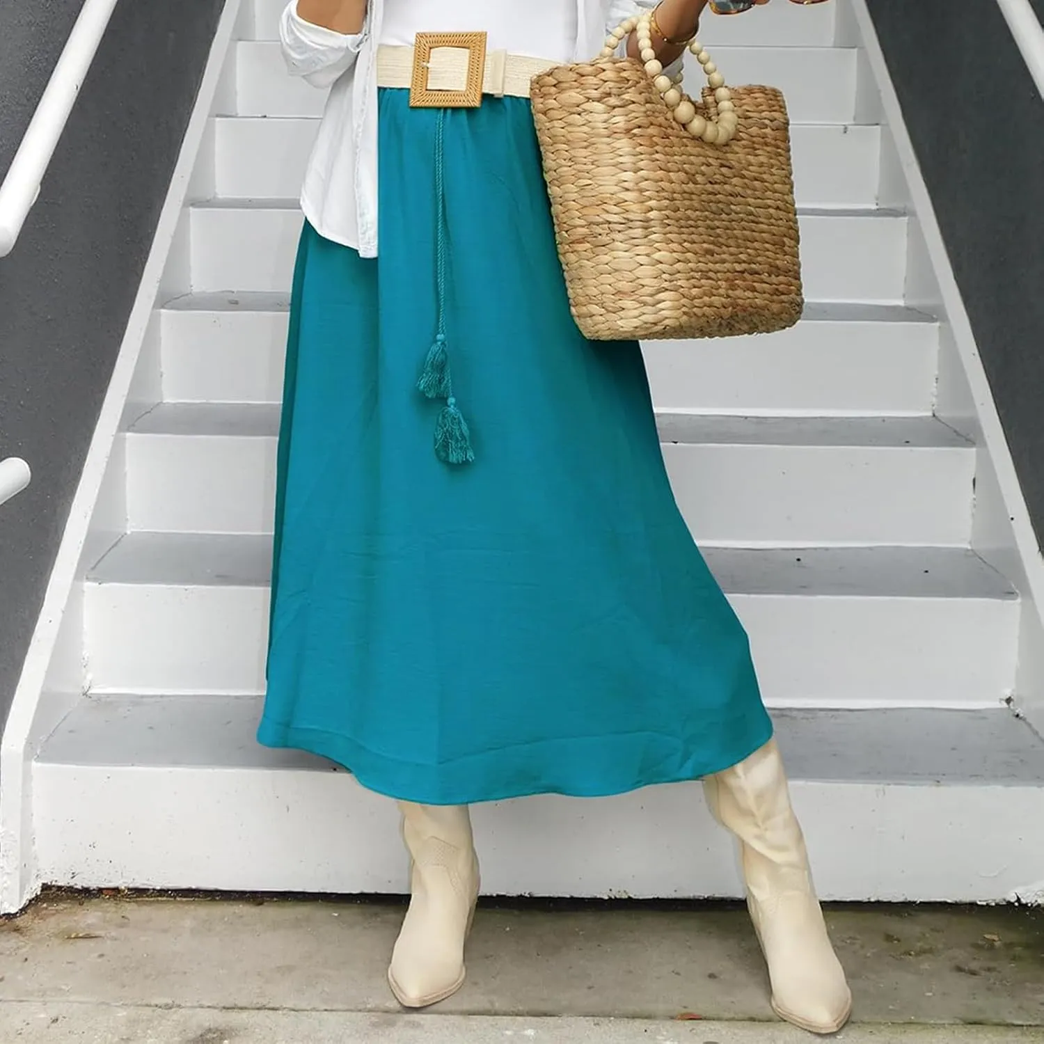 Maxi Skirts for Women Trendy Tie Knot Elastic High Waisted Boho Long Skirts Casual Flowy Swing Beach Skirt with Pockets
