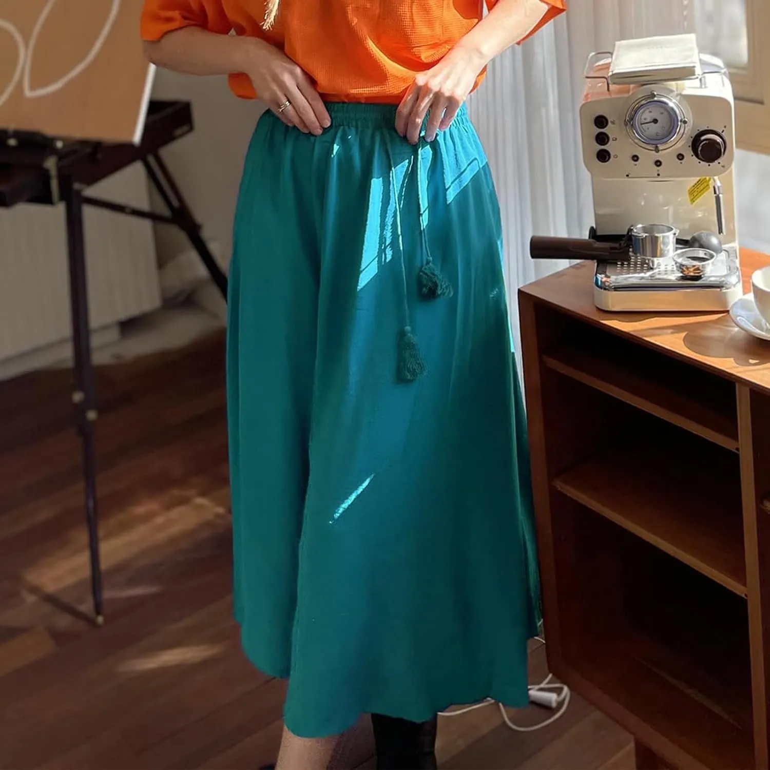 Maxi Skirts for Women Trendy Tie Knot Elastic High Waisted Boho Long Skirts Casual Flowy Swing Beach Skirt with Pockets