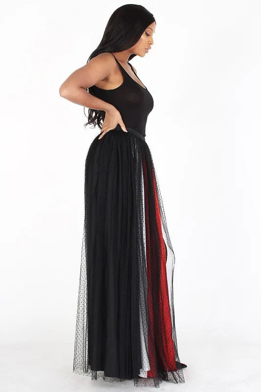 MESH ELASTIC WAIST MAXI SKIRT
