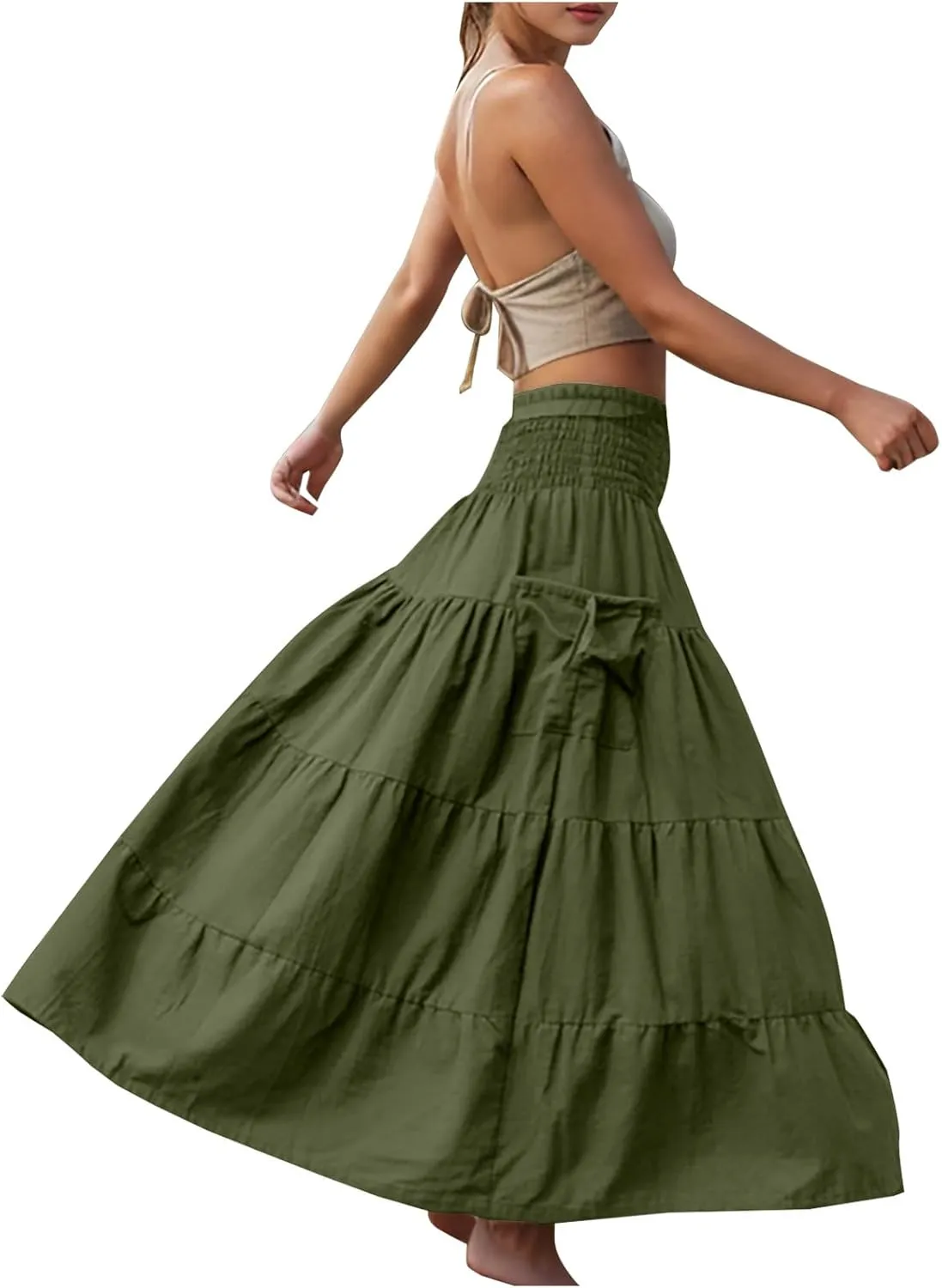 PBNBP Women's Maxi Skirts Bohemia Tiered A-Line Skirt Smocked Elastic Waist Ankle Length Flowy Skirts Beach Vacation Clothes