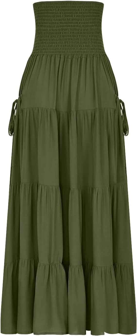 PBNBP Women's Maxi Skirts Bohemia Tiered A-Line Skirt Smocked Elastic Waist Ankle Length Flowy Skirts Beach Vacation Clothes