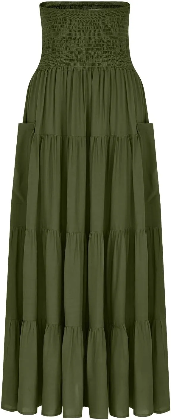 PBNBP Women's Maxi Skirts Bohemia Tiered A-Line Skirt Smocked Elastic Waist Ankle Length Flowy Skirts Beach Vacation Clothes