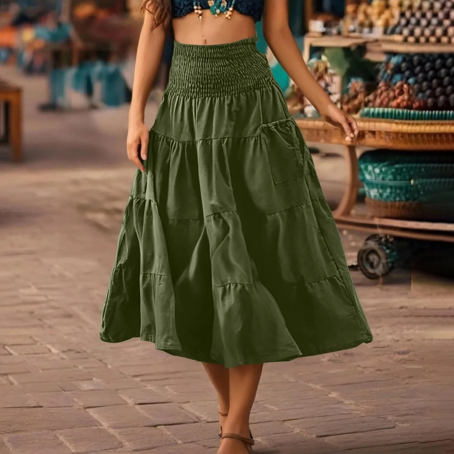 PBNBP Women's Maxi Skirts Bohemia Tiered A-Line Skirt Smocked Elastic Waist Ankle Length Flowy Skirts Beach Vacation Clothes
