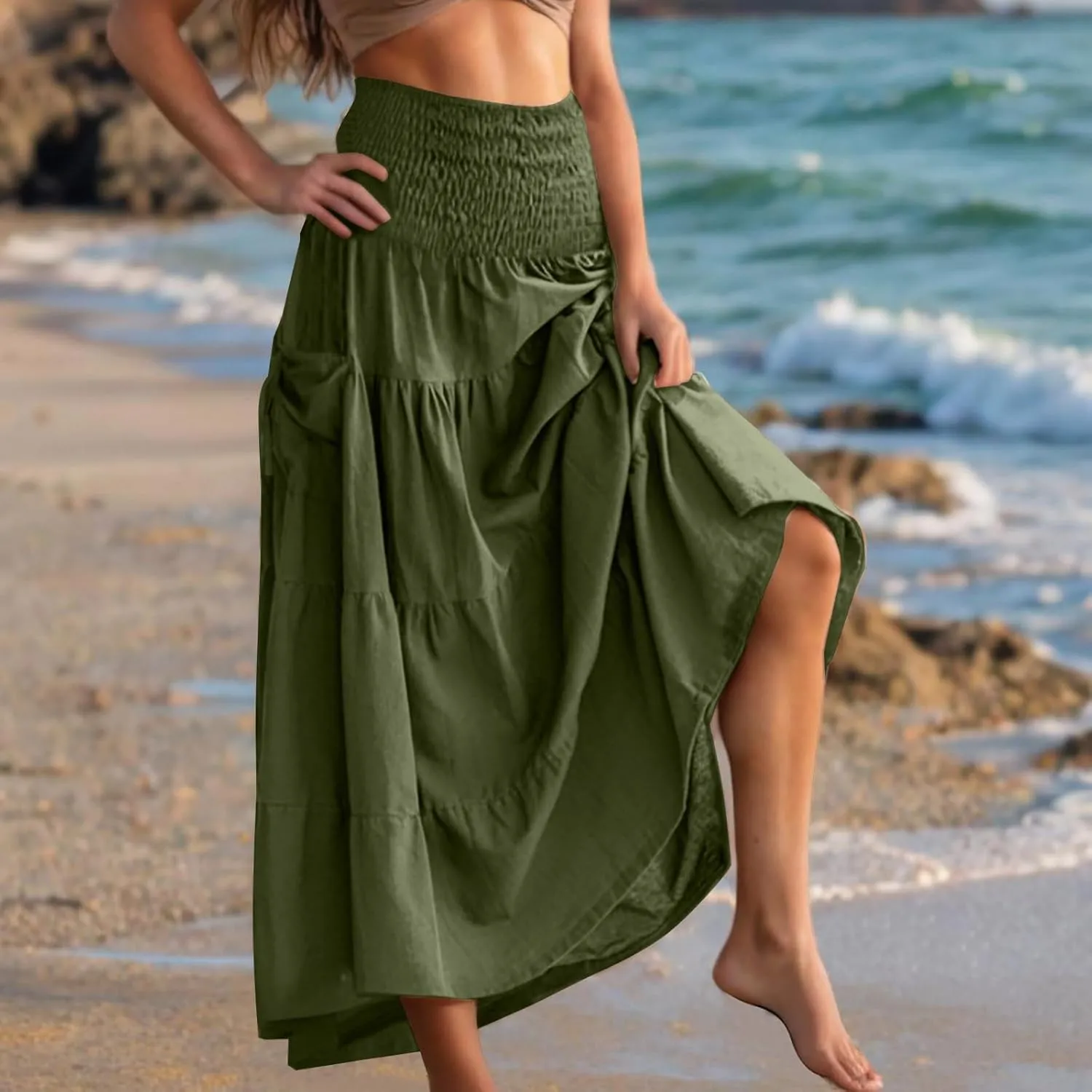 PBNBP Women's Maxi Skirts Bohemia Tiered A-Line Skirt Smocked Elastic Waist Ankle Length Flowy Skirts Beach Vacation Clothes