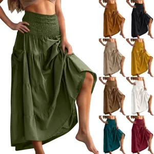 PBNBP Women's Maxi Skirts Bohemia Tiered A-Line Skirt Smocked Elastic Waist Ankle Length Flowy Skirts Beach Vacation Clothes