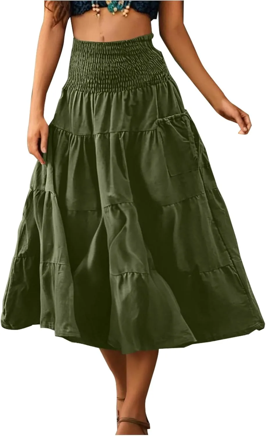 PBNBP Women's Maxi Skirts Bohemia Tiered A-Line Skirt Smocked Elastic Waist Ankle Length Flowy Skirts Beach Vacation Clothes