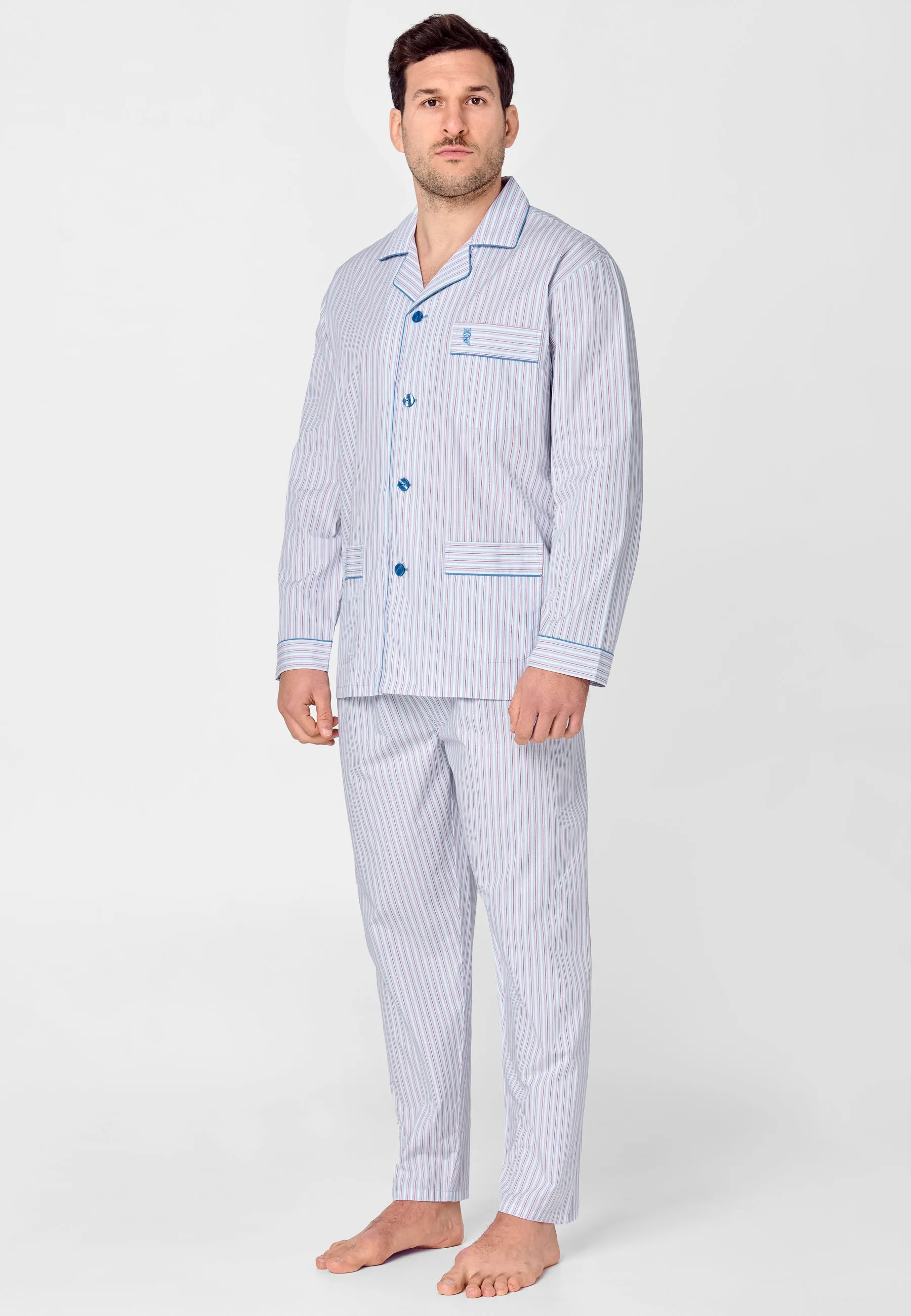 Pijama Hombre Largo Solapa Algodón Popelín Rayas - Azul 1529_30