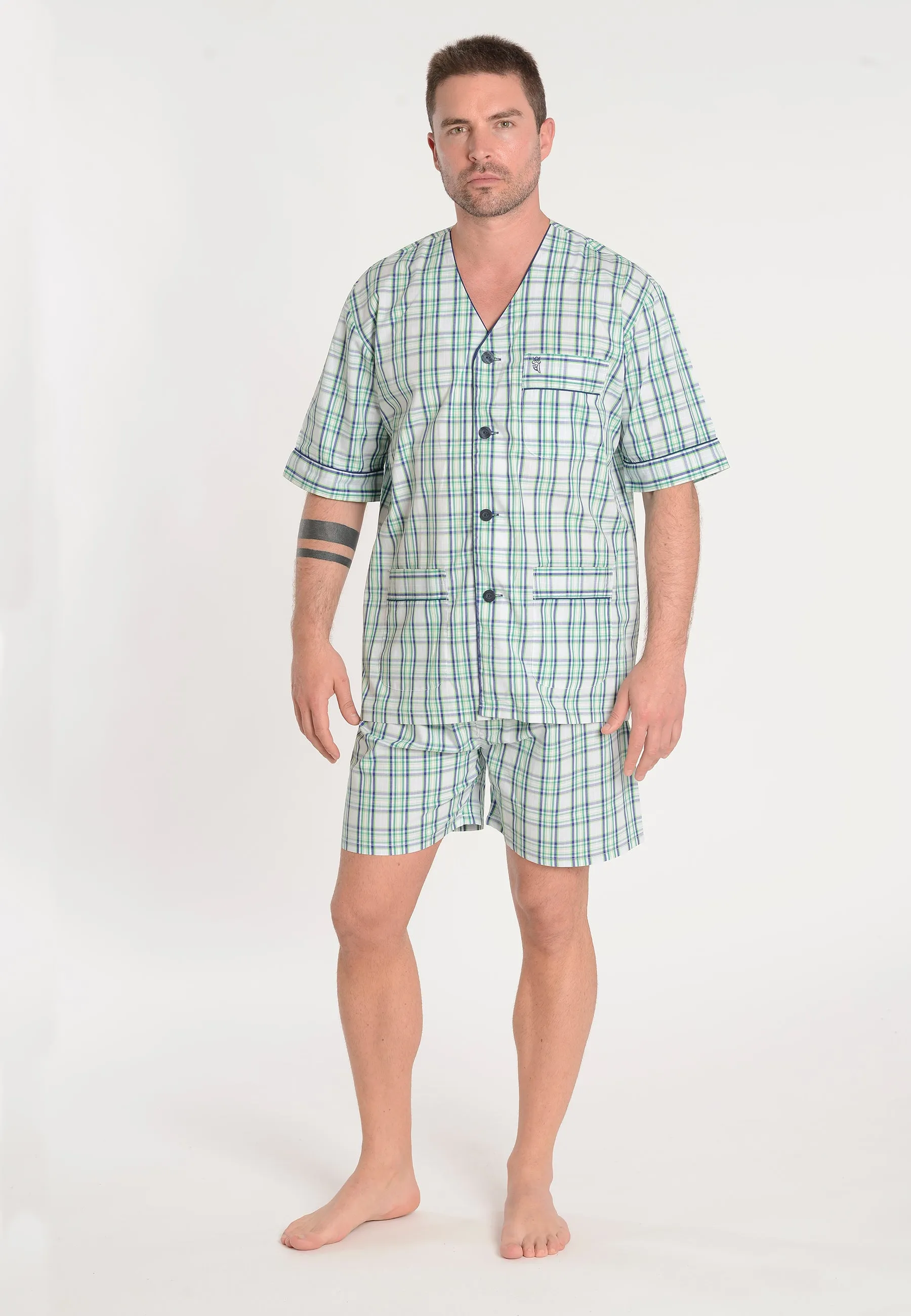 Pijama Hombre Verano Corto Judo Algodón Popelín Cuadros - Verde 4904_39