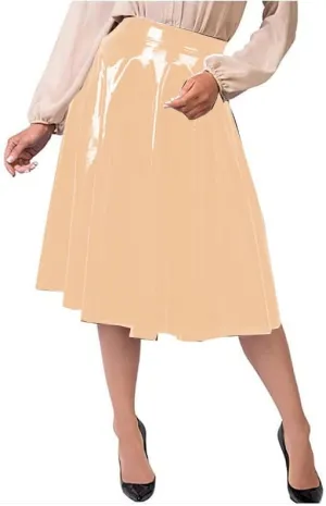 Plus Size PVC Skirts High Waist Knee Length Solid Pleated Skirt A Line Shiny Office Lady Gothic Stretch Midi Skirt Faldas