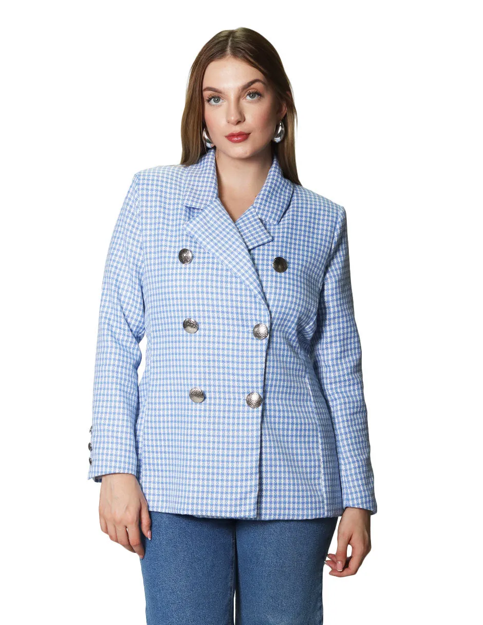 Sacos Para Mujer Midi Largo De Seis Botones Con Estampado de Cuadros T41101 Azul