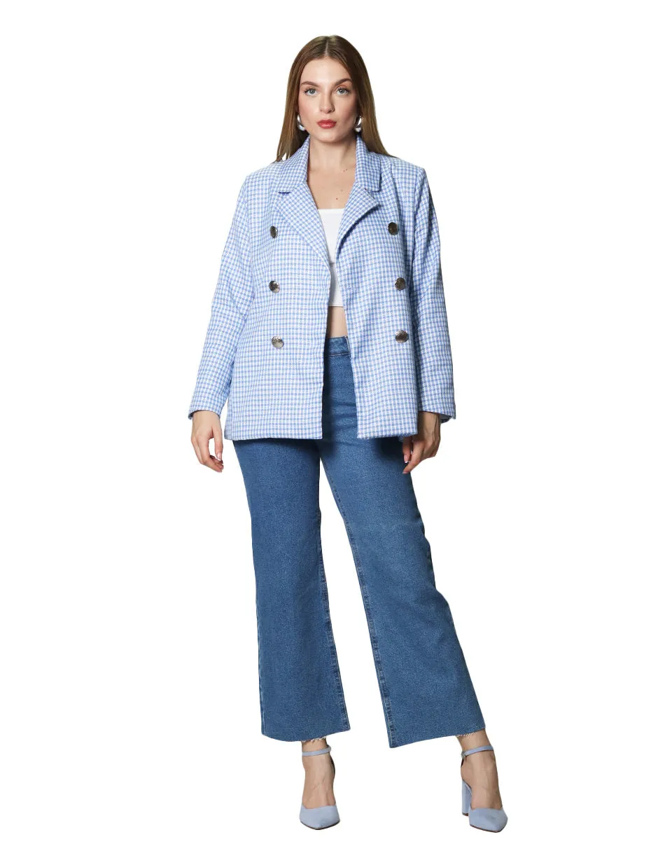 Sacos Para Mujer Midi Largo De Seis Botones Con Estampado de Cuadros T41101 Azul