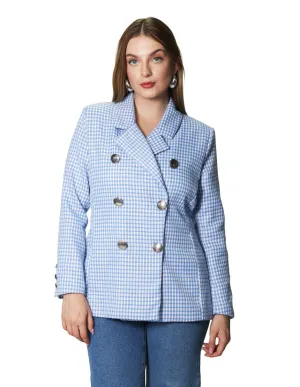 Sacos Para Mujer Midi Largo De Seis Botones Con Estampado de Cuadros T41101 Azul