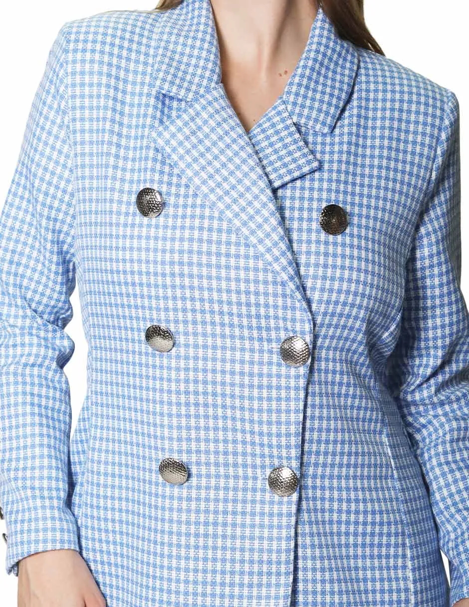 Sacos Para Mujer Midi Largo De Seis Botones Con Estampado de Cuadros T41101 Azul