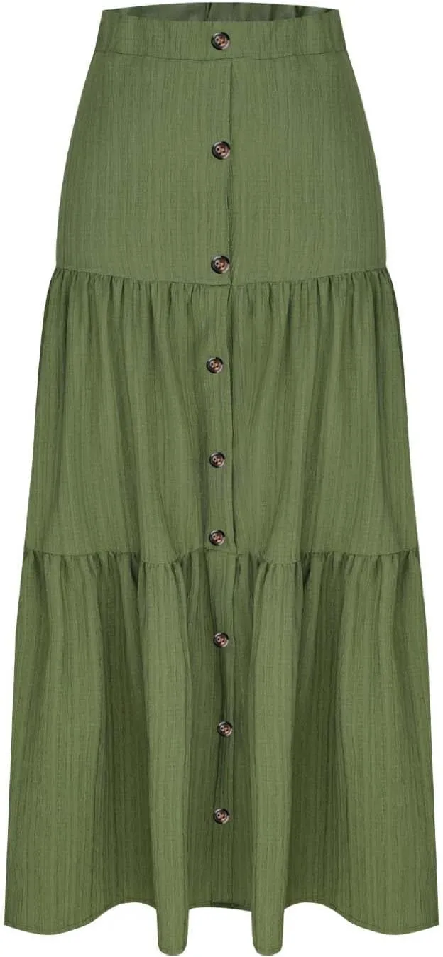 Skirts for Women Elastic High Waisted A Line Long Skirt Button Ruffle Tiered Maxi Skirt Summer Hiking Ankle Length Skirts