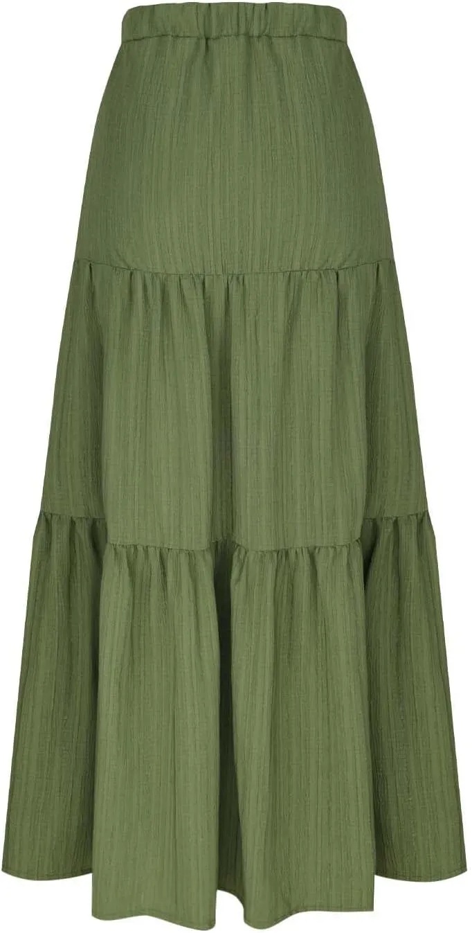 Skirts for Women Elastic High Waisted A Line Long Skirt Button Ruffle Tiered Maxi Skirt Summer Hiking Ankle Length Skirts