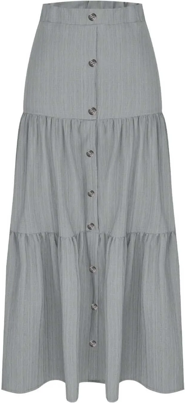Skirts for Women Elastic High Waisted A Line Long Skirt Button Ruffle Tiered Maxi Skirt Summer Hiking Ankle Length Skirts