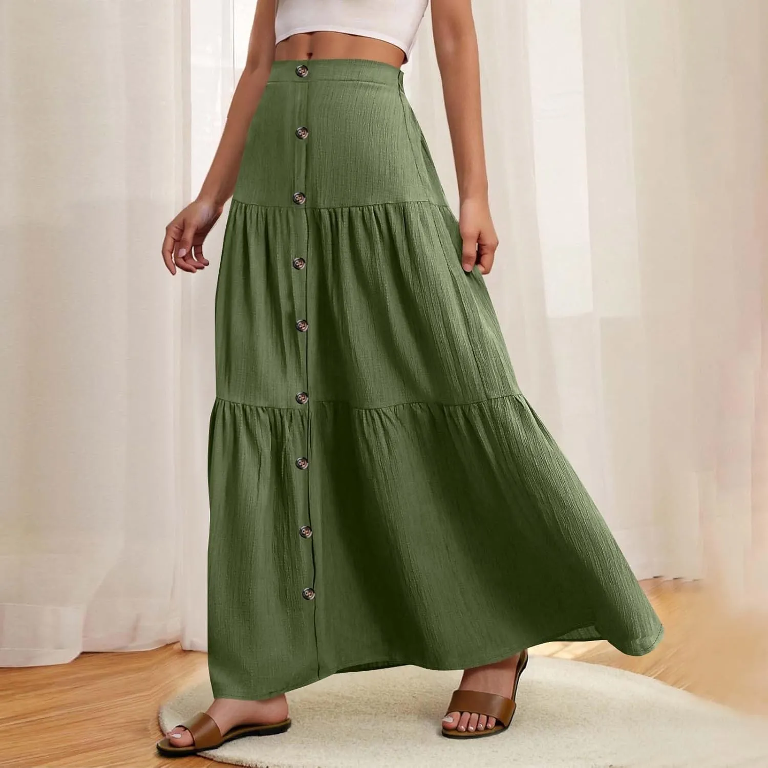 Skirts for Women Elastic High Waisted A Line Long Skirt Button Ruffle Tiered Maxi Skirt Summer Hiking Ankle Length Skirts