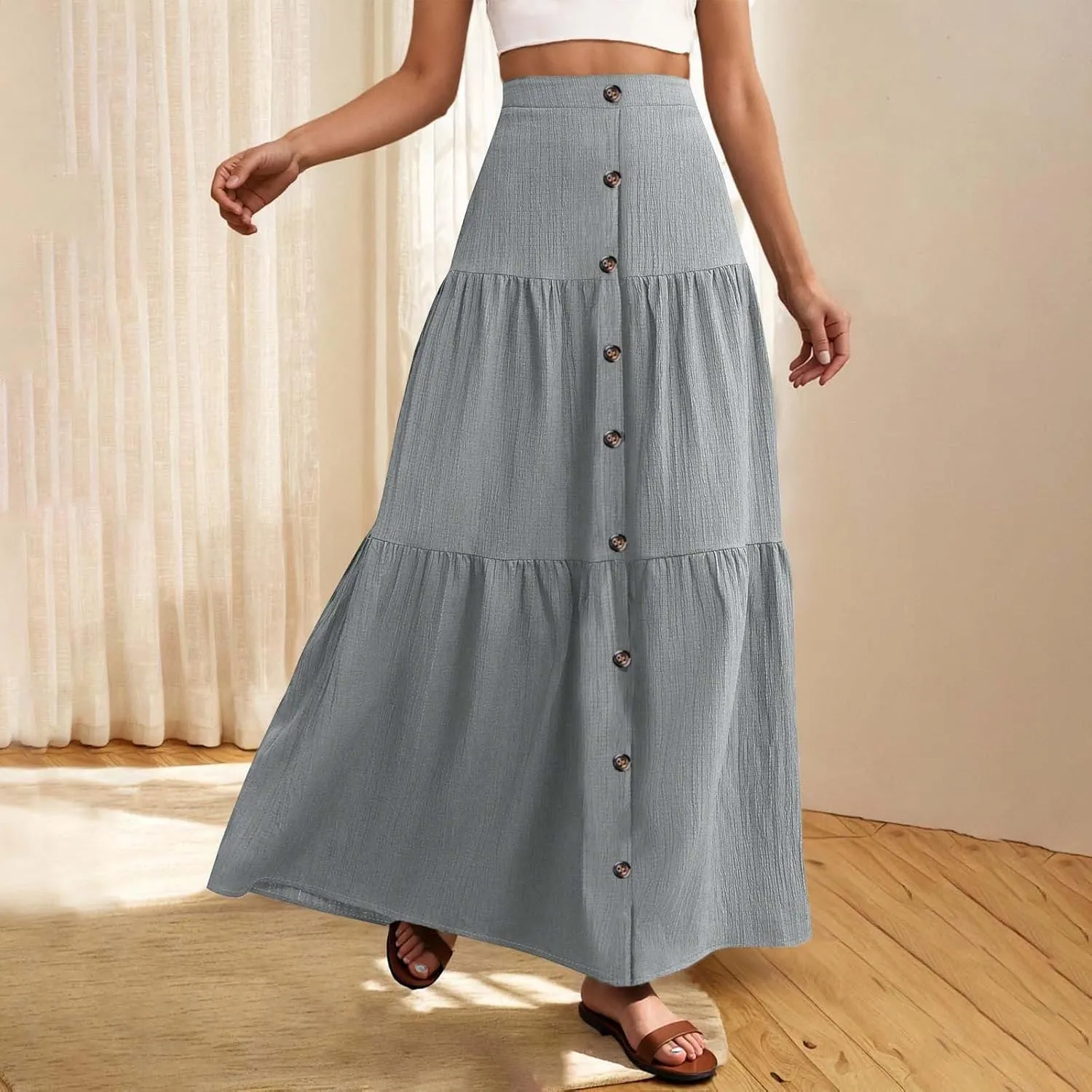 Skirts for Women Elastic High Waisted A Line Long Skirt Button Ruffle Tiered Maxi Skirt Summer Hiking Ankle Length Skirts
