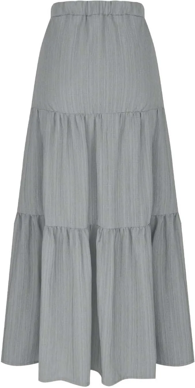 Skirts for Women Elastic High Waisted A Line Long Skirt Button Ruffle Tiered Maxi Skirt Summer Hiking Ankle Length Skirts