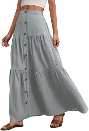 Skirts for Women Elastic High Waisted A Line Long Skirt Button Ruffle Tiered Maxi Skirt Summer Hiking Ankle Length Skirts