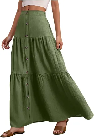 Skirts for Women Elastic High Waisted A Line Long Skirt Button Ruffle Tiered Maxi Skirt Summer Hiking Ankle Length Skirts