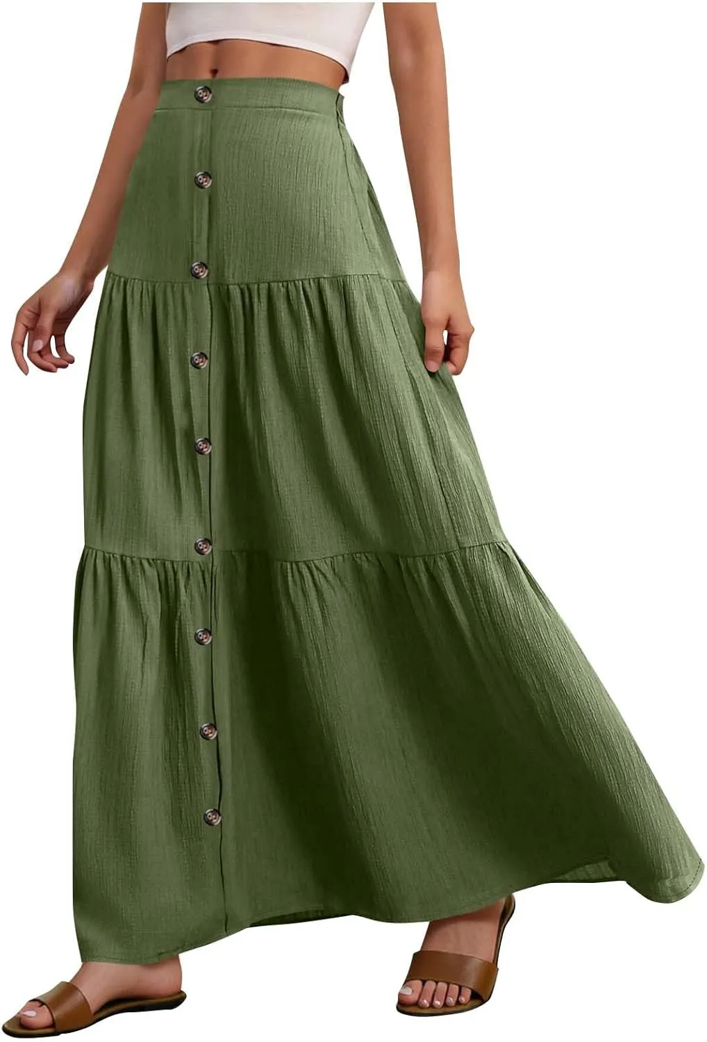 Skirts for Women Elastic High Waisted A Line Long Skirt Button Ruffle Tiered Maxi Skirt Summer Hiking Ankle Length Skirts