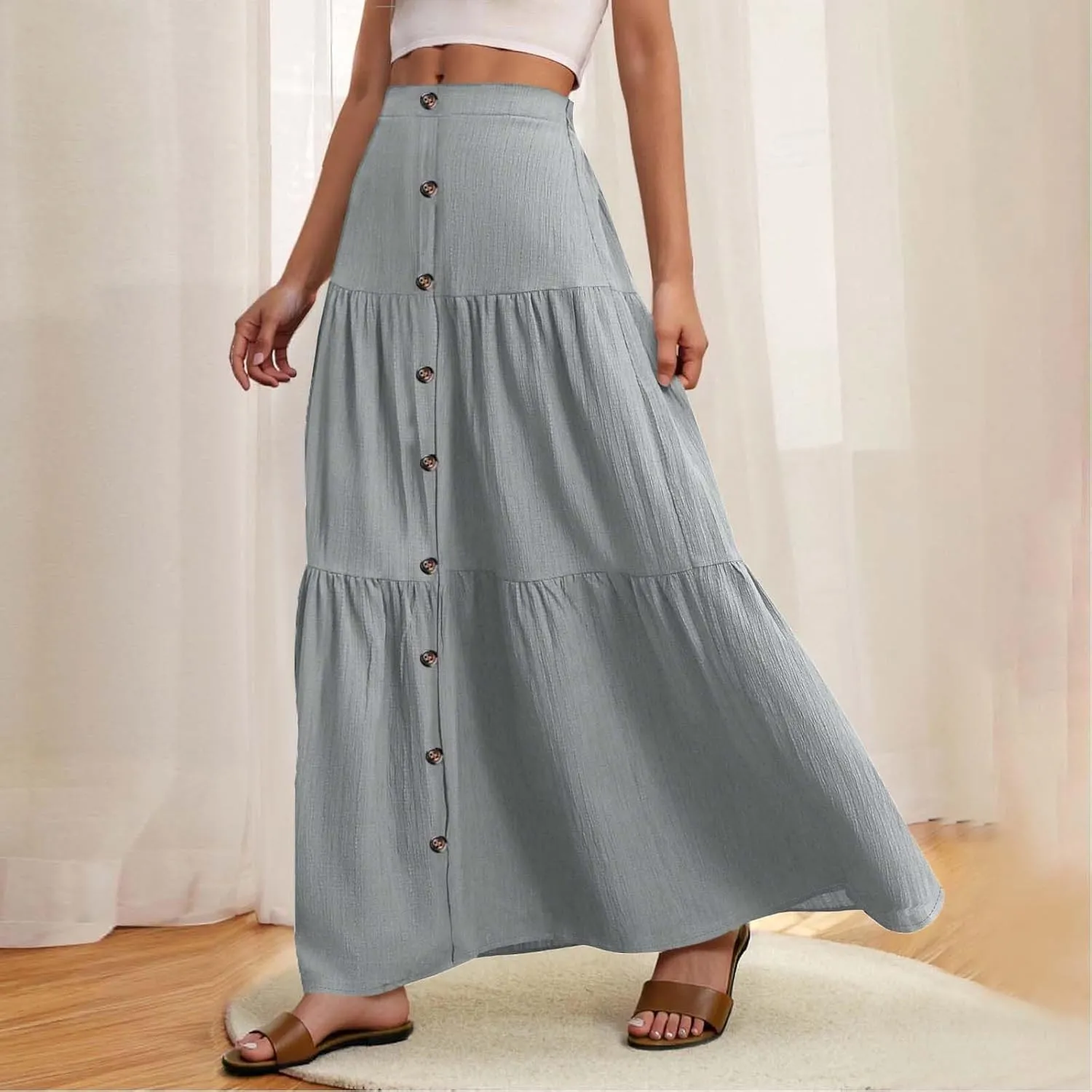 Skirts for Women Elastic High Waisted A Line Long Skirt Button Ruffle Tiered Maxi Skirt Summer Hiking Ankle Length Skirts
