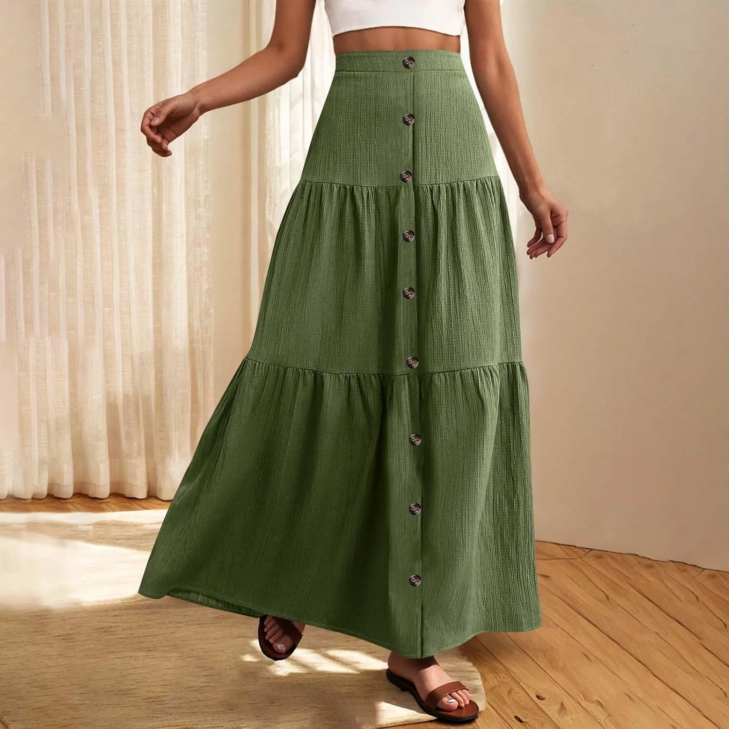 Skirts for Women Elastic High Waisted A Line Long Skirt Button Ruffle Tiered Maxi Skirt Summer Hiking Ankle Length Skirts
