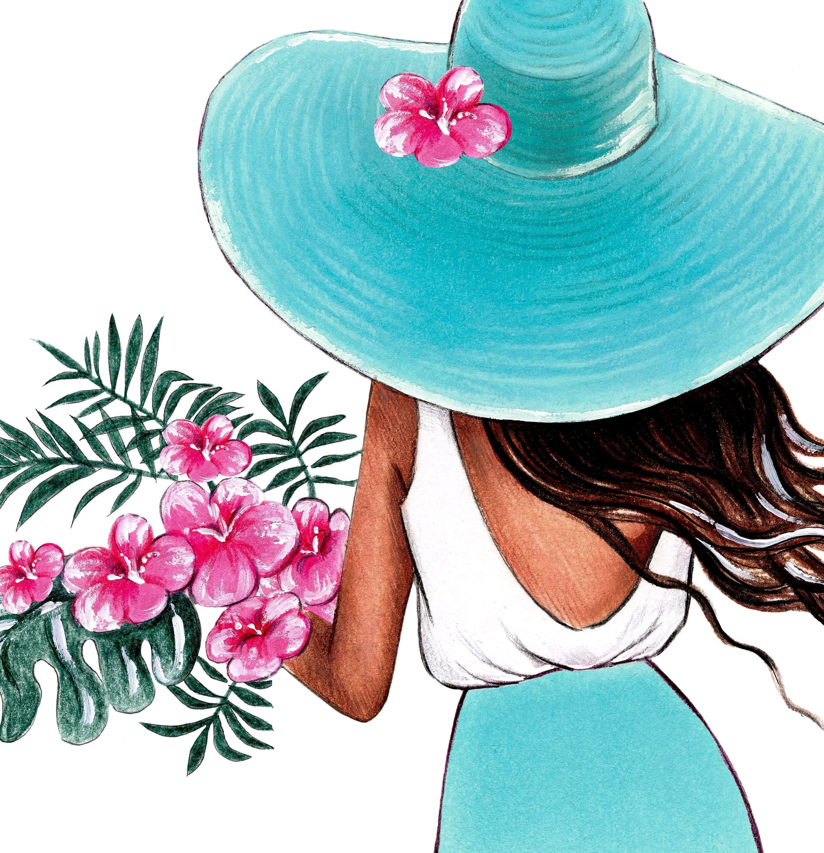 Summer art print fashion illustration of a girl with tropical flowers