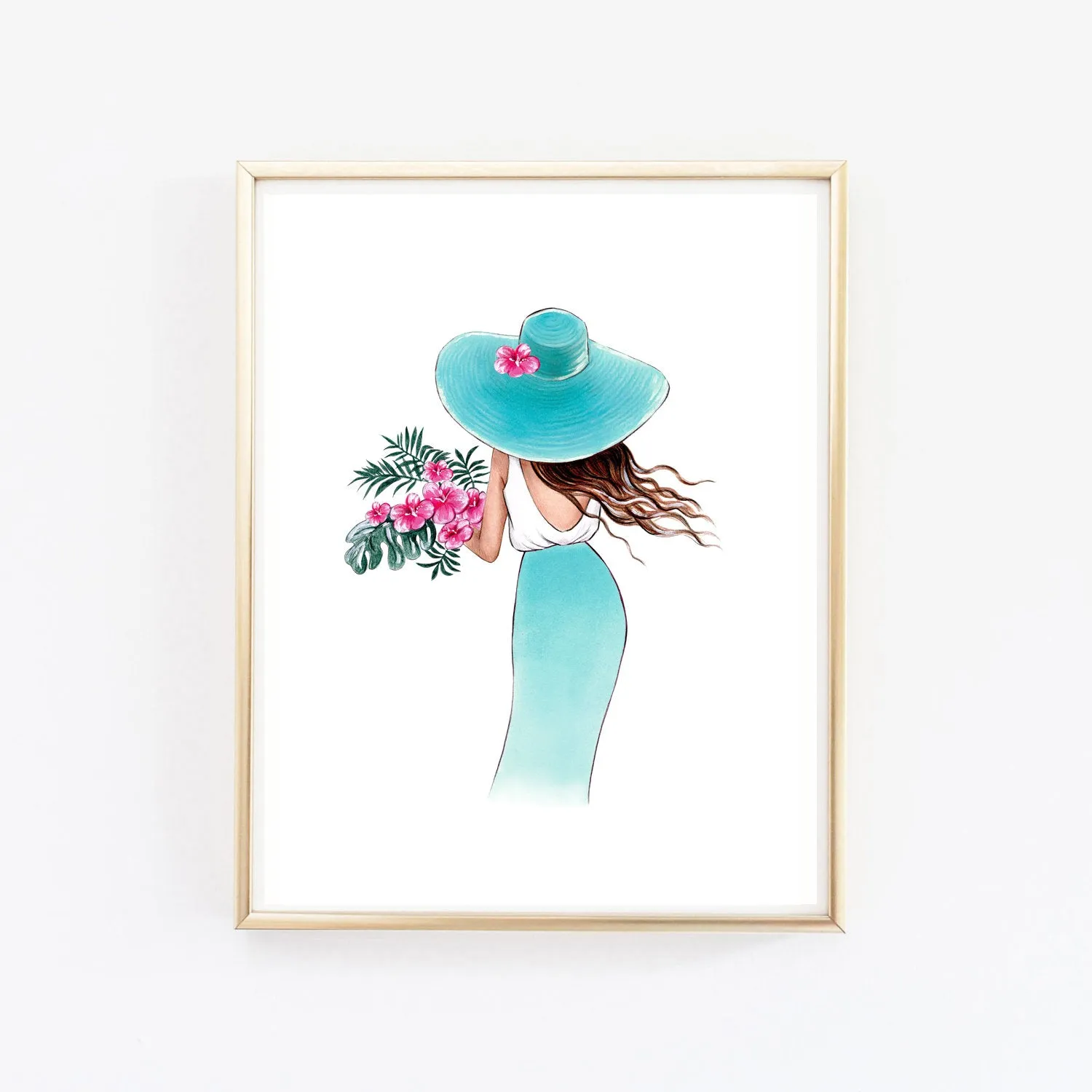 Summer art print fashion illustration of a girl with tropical flowers
