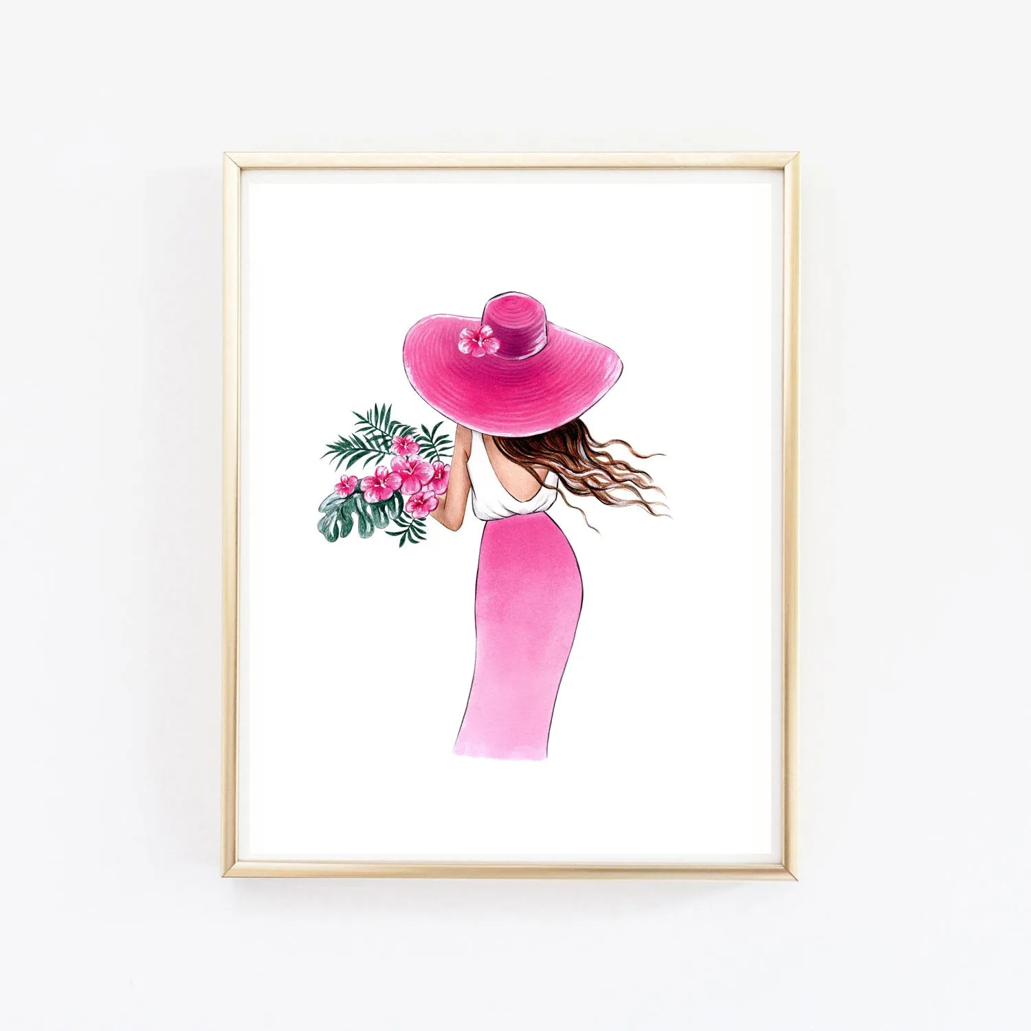 Summer art print fashion illustration of a girl with tropical flowers