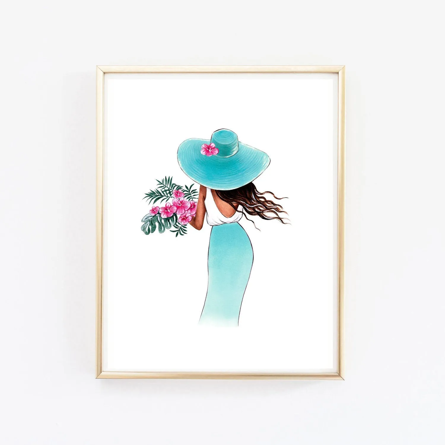 Summer art print fashion illustration of a girl with tropical flowers