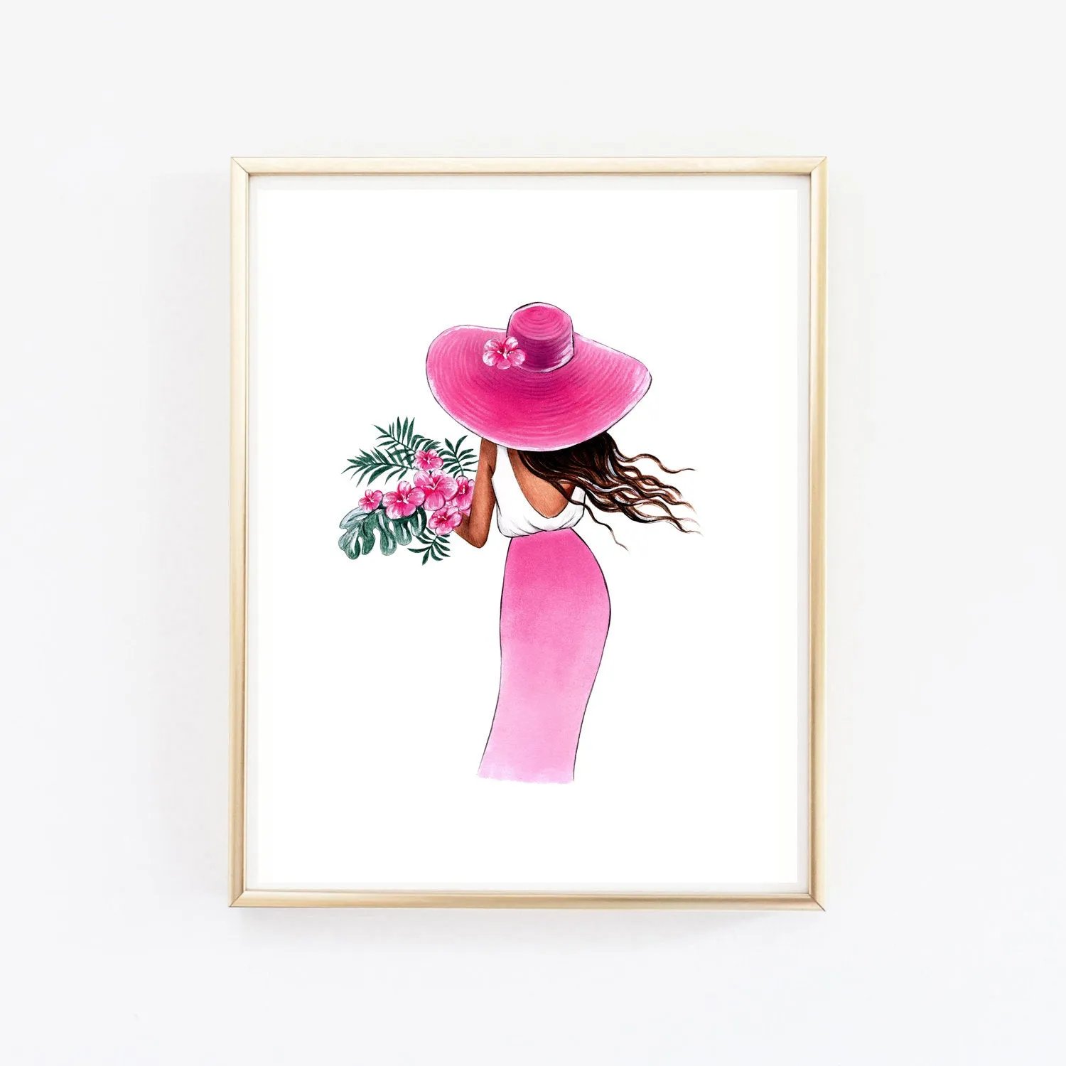 Summer art print fashion illustration of a girl with tropical flowers