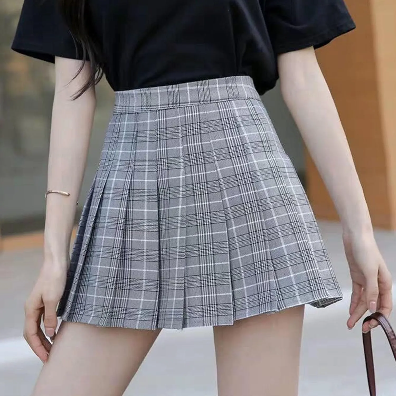 Teen Girls Pleated Mini Skirt Preppy Plaid Skirts Elastic High Waisted Uniform Skirt Plus Size Tartan Skirts for School Girl