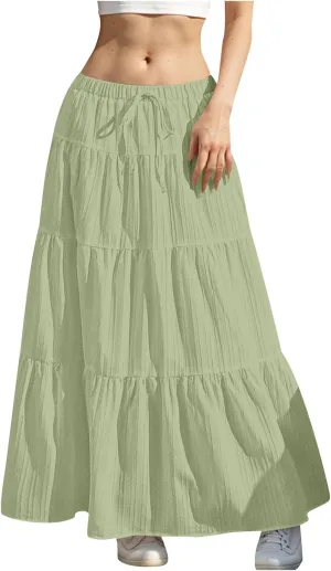 Tiered Long Skirts for Women Summer Vacation A-Line Pleated Skirt Drawstring High Waisted Flowy Swing Solid Maxi Skirts