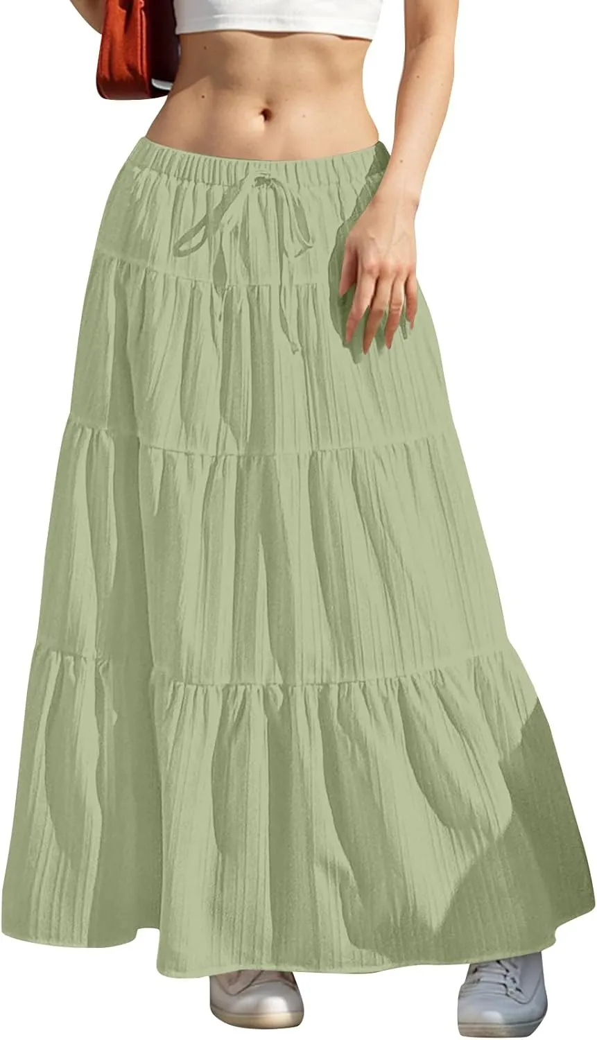 Tiered Long Skirts for Women Summer Vacation A-Line Pleated Skirt Drawstring High Waisted Flowy Swing Solid Maxi Skirts