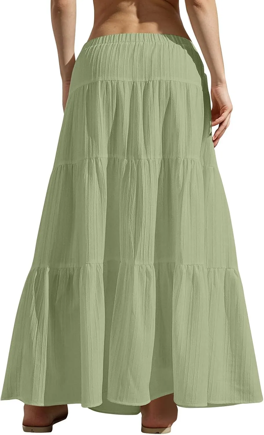 Tiered Long Skirts for Women Summer Vacation A-Line Pleated Skirt Drawstring High Waisted Flowy Swing Solid Maxi Skirts