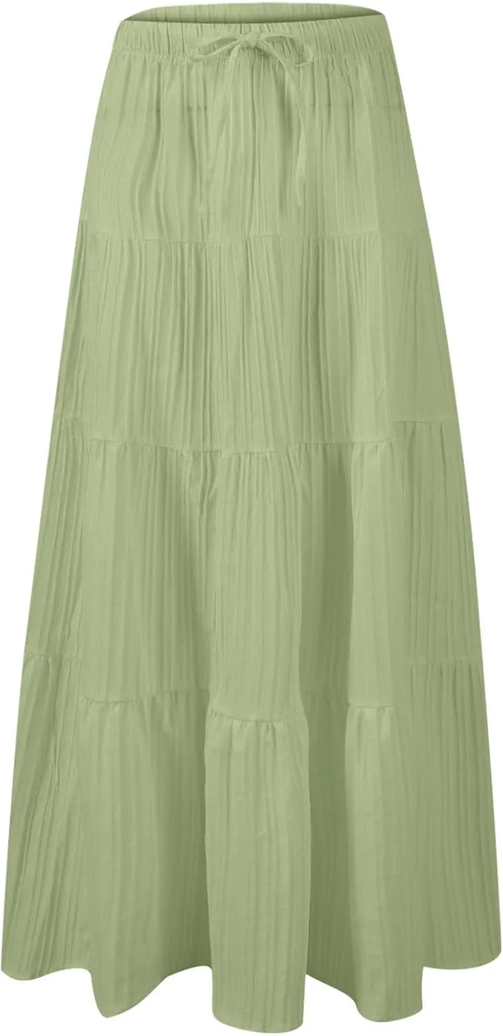 Tiered Long Skirts for Women Summer Vacation A-Line Pleated Skirt Drawstring High Waisted Flowy Swing Solid Maxi Skirts