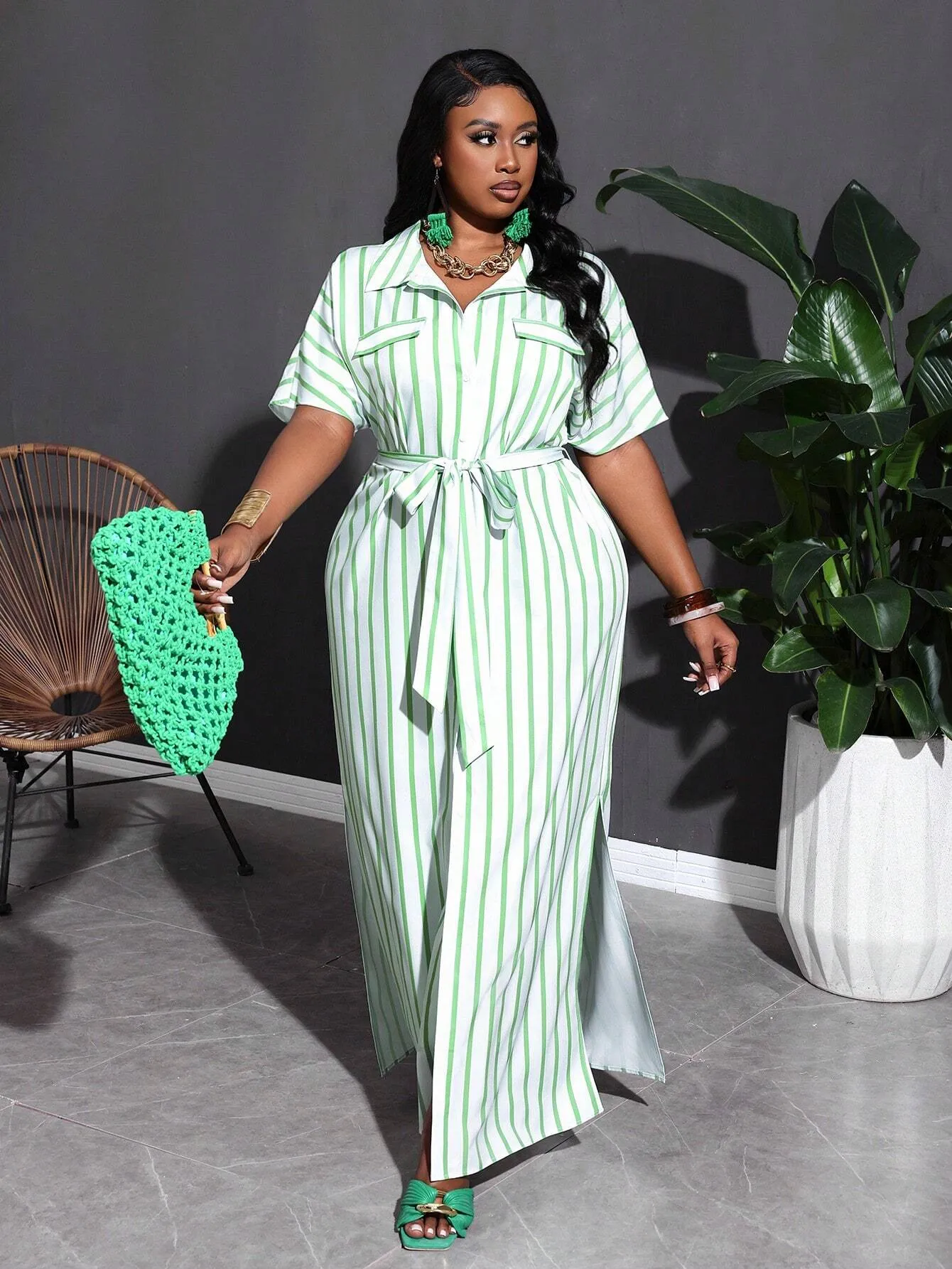 Vestido Longo Verde Listrado - Olivia