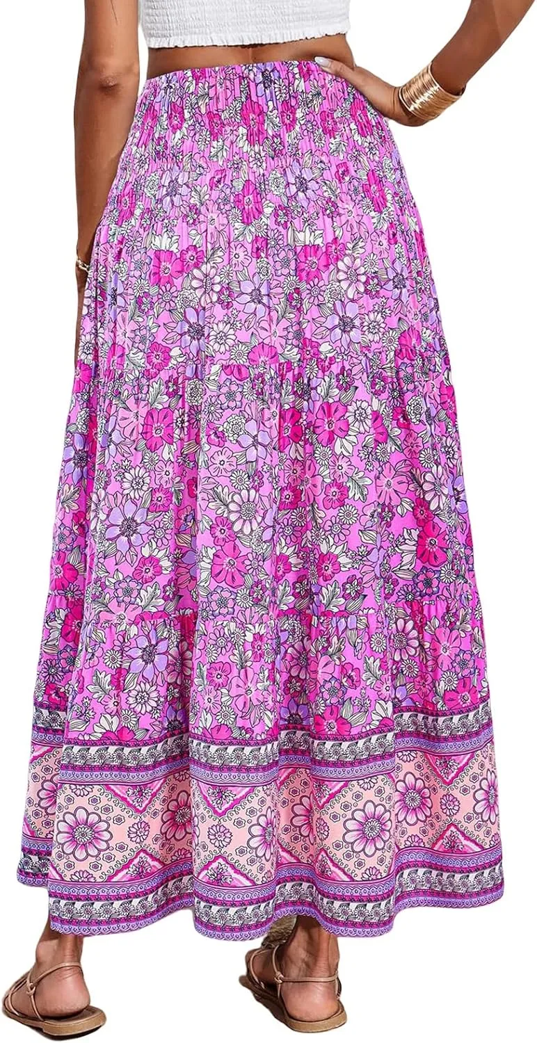 Women Boho Maxi Skirts Flowy Floral Elastic High Waist Long Skirts Summer Bohemian A-Line Pleated Casual Beach Skirt